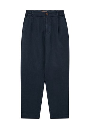 Dark navy tapered pants with elastic waistband, button closure, side pockets, and front pleats, suitable for casual or formal wear.