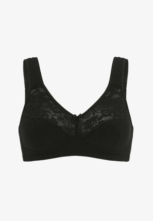 Musta rintaliivi, jossa on pitsi päällyste kupin kohdalla ja pieni rusettitieto keskellä. Ominaisuutta leveät olkaimet ja sileä kankaan perusta.