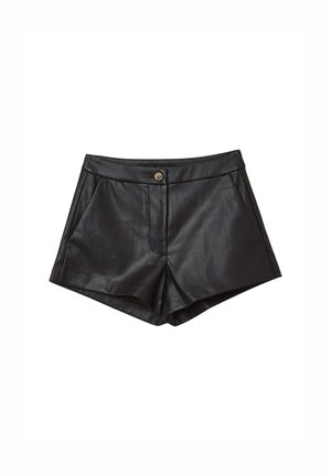 Schwarze Lederhosen mit glatter Struktur, hoher Taille und frontalen Taschen. Mit einem einzelnen goldenen Knopfverschluss auf der Vorderseite.