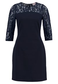 Robe bleu marine avec manches en dentelle trois-quarts et col rond, dotée d'un corsage lisse et de détails en dentelle texturée sur les manches.