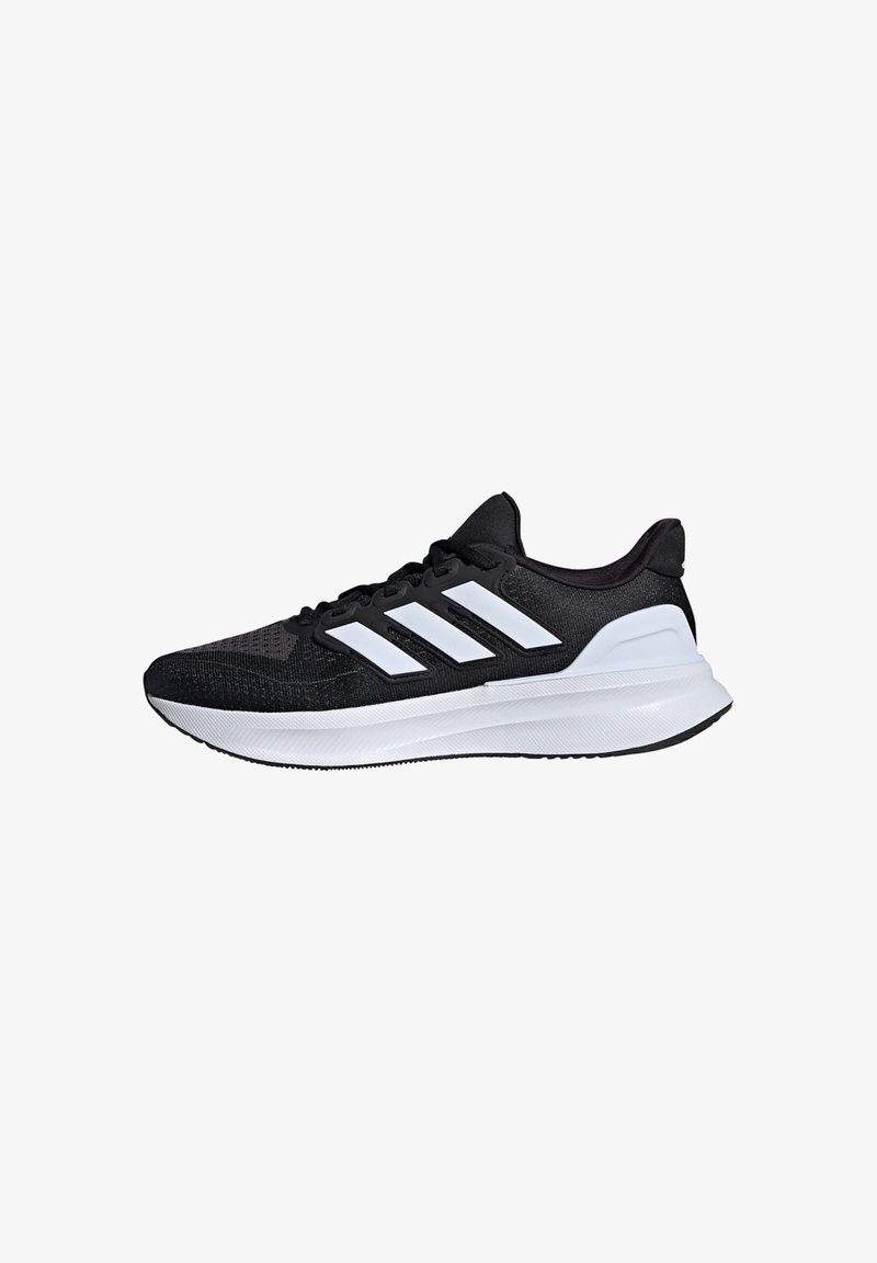 Black athletic shoe with a mesh upper, white three-stripe logo, cushioned white midsole, and textured sole for grip.