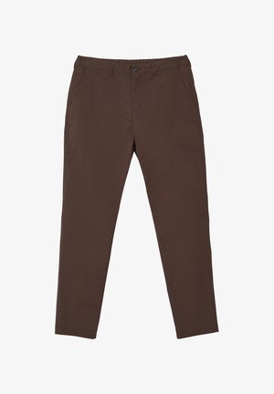 Pantalon marron droit avec poches avant, passants de ceinture et fermeture bouton, étalé à plat sur fond blanc.