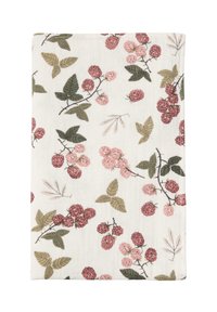 Floral cotton fabric featuring clusters of pink and raspberry berries, green leaves, and a cream background. Soft texture and smooth finish.