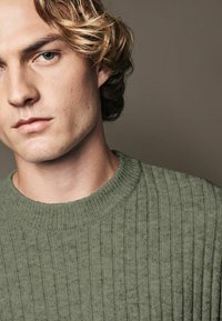 Pull en maille de couleur vert atténuée, avec une texture côtelée et un col rond. Le tissu semble doux avec des variations subtiles de teinte.