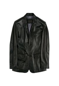 Svart läderblazer med en strukturerad design, som har två framfickor, armbågsfickor och ett mönstrat inre foder.