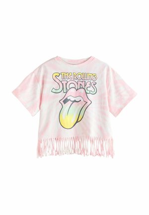 Ružové batikované krátke tričko s strapcami na leme, s textom "The Rolling Stones" a ikonickým logom kapely, jazykom a perami v pastelových farbách.