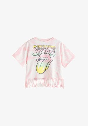 Roze tie-dye kratka majica s resicama na rubu, na kojoj se nalazi tekst "The Rolling Stones" i prepoznatljivi logo benda s jezikom i usnama u pastelnim bojama.