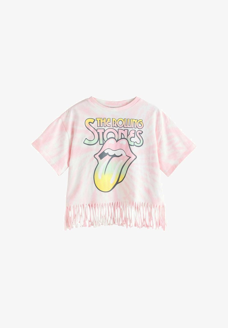 T-shirt court tie-dye rose avec ourlet à franges, affichant le texte "The Rolling Stones" et le logo emblématique de la langue et des lèvres du groupe en couleurs pastel.