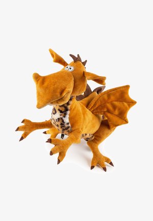 Plüschdrachen-Spielzeug mit orangefarbigem Körper, braunen Akzenten, großen Augen und einem gefleckten Bauch. Hat spitze Ohren und Flügel. Weiche Textur.