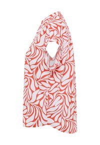 Short-sleeve shirt featuring a red and white swirling floral pattern, made of lightweight fabric, with a relaxed fit and straight hem.