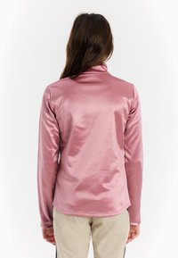 Roze top met lange mouwen en een gladde, glanzende textuur, met een staande kraag, van achteren getoond, gecombineerd met beige broeken.