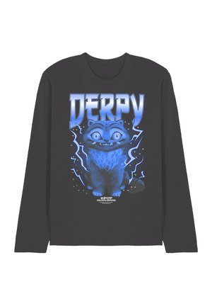 Langärmeliges schwarzes T-Shirt mit einer blauen Grafik einer Cartoon-Katze mit großen Augen, umgeben von einem Sternenstrahl und dem Text "DERPY."