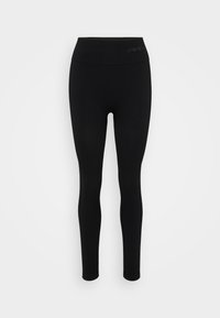 Sorte ribbede leggings med høy linning, med en subtil logo ved midjen. Glatt tekstur og en tettsittende design for komfort.