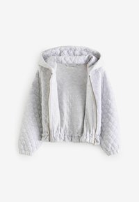 Veste grise matelassée avec capuche, fermeture éclair à l'avant, élastique à la taille et aux poignets. Texture douce avec une doublure lisse et un motif de cœurs à l'intérieur.