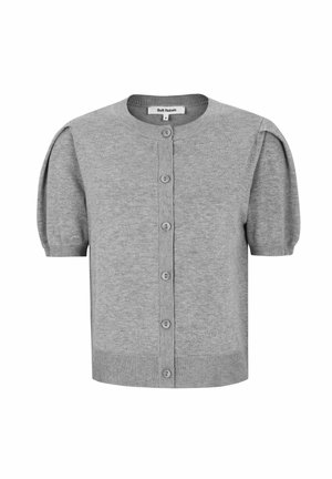 Šedý pletený kardigán s krátkymi puff rukávmi, okrúhlym výstrihom a predným zapínaním na gombíky. Má rebrované manžety a lemy. Mäkká textúra látky.