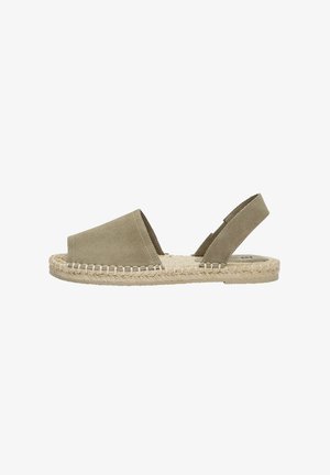 Olijfgroene suède espadrilles met open teen, slingback ontwerp, jute touw zool en gestikte details langs de randen.