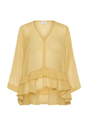Blusa amarilla de gasa con escote en V, mangas largas y acentos de volantes en capas en el dobladillo. Textura ligera y transparente. Etiqueta de la marca visible.