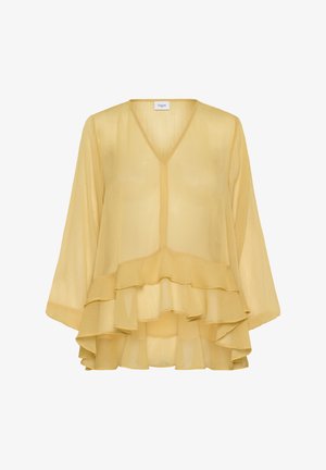 Geltonas šifoninis palaidinė su V formos iškirpte, ilgomis rankovėmis ir sluoksniuotais volanų akcentais ties apatine dalimi. Lengvas, permatomos tekstūros. Matomas prekės ženklas.