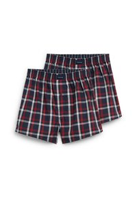 Männer-Boxershorts im navy, rot und weiß karierten Muster. Hergestellt aus Baumwolle, mit einem elastischen Bund und einem Knopfdetail an der Vorderseite.