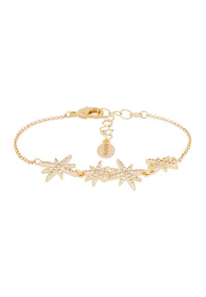 Bracelet en chaîne en or avec trois accents en forme d'étoile ornés de cristaux transparents. Comprend un fermoir en mousqueton et une longueur ajustable.