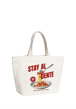White tote bag with red text "Stay Al Dente" and an illustration of spaghetti with tomato sauce twirled on a fork over a plate.