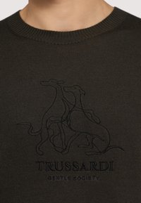 Mörkgrön stickad tröja med broderad greyhounddesign och varumärkesnamnet "TRUSSARDI" ovanför på framsidan, rund halsringning.