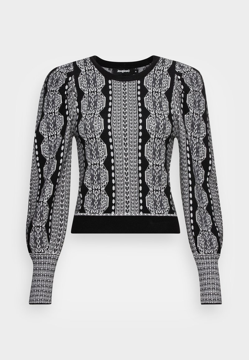 Pull en maille noir et blanc à manches longues avec motifs géométriques complexes, taille ajustée et bords-côtes aux poignets et à l'encolure.