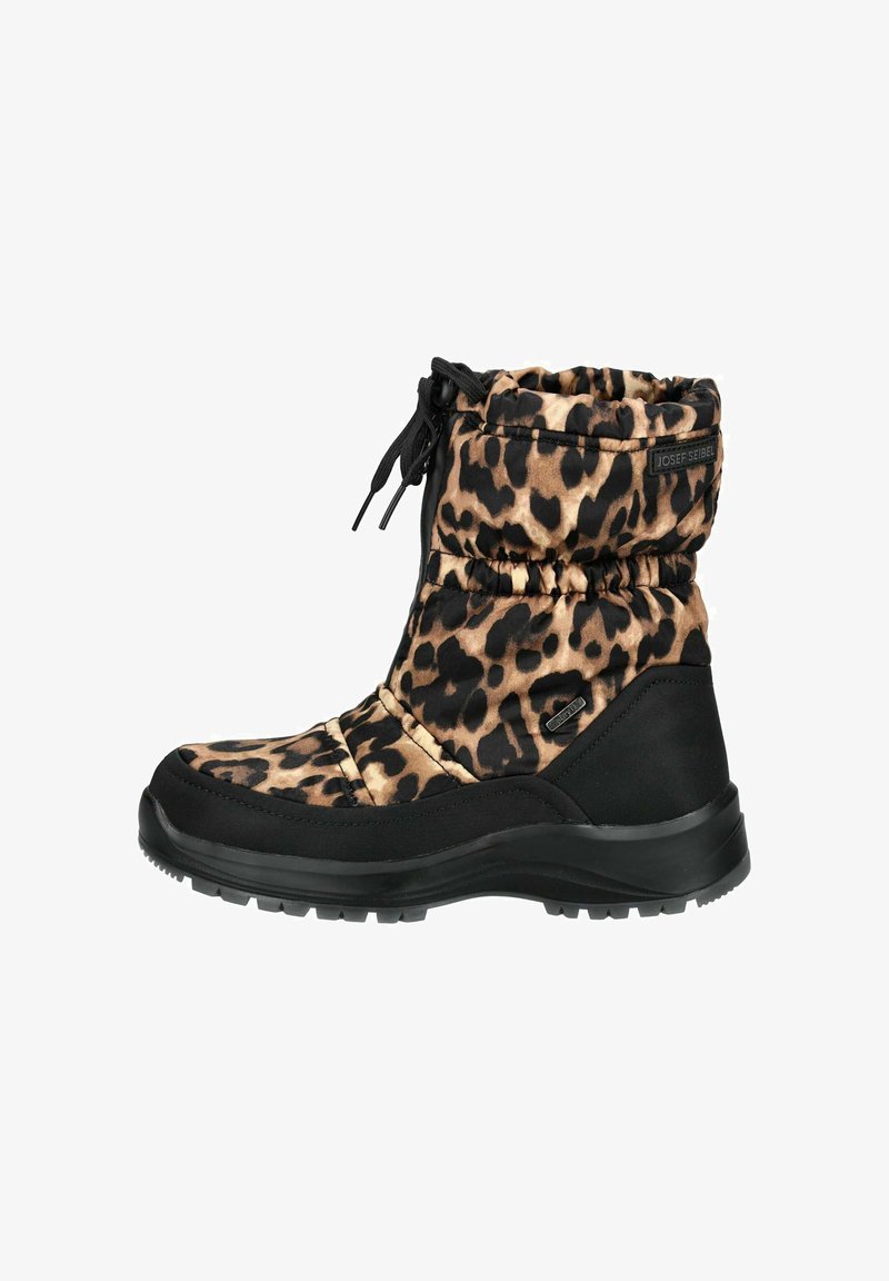 Luipaardprint winterlaarzen met zwarte accenten, een zachte gequilt bovenkant, vetersluiting en een getextureerde rubberen zool voor grip en stabiliteit.