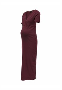 Robe de maternité bordeaux, texture côtelée, manches courtes, décolleté en V profond avec finition en dentelle, corsage ajusté, design longueur cheville.
