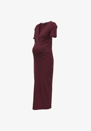 Sukienka ciążowa w kolorze burgundowym, prążkowana, z krótkimi rękawami, głębokim dekoltem w serek obszytym koronką, dopasowanym gorsetem, sięgająca do kostek.