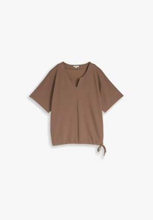 Bruine korte mouwen gestructureerde blouse met een V-vormige inkeping in de halslijn en een verstelbare trekkoordsluiting aan de onderzoom aan de rechterkant.