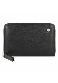 Cartera de cuero negro con textura de guijarros, cierre de cremallera, herrajes en tono dorado y un pequeño logo en la parte frontal. Incluye una correa para la muñeca.