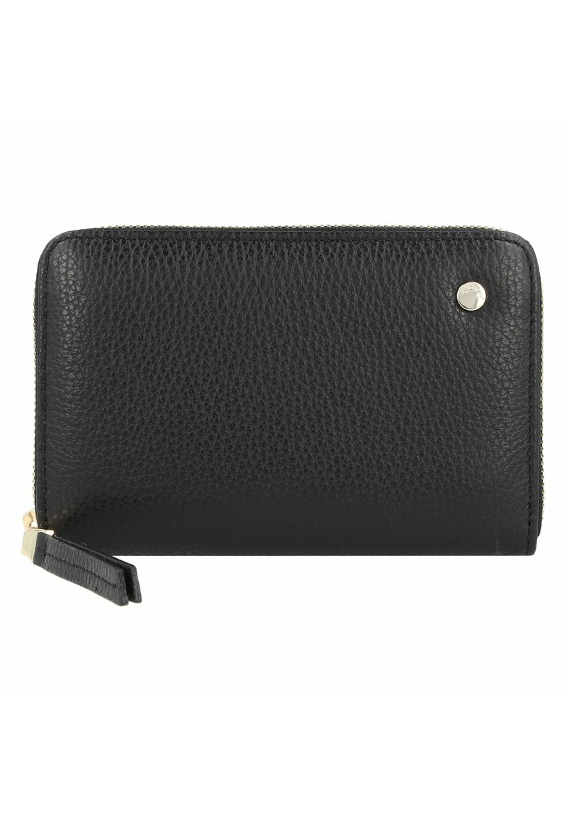 Cartera de cuero negro con textura de guijarros, cierre de cremallera, herrajes en tono dorado y un pequeño logo en la parte frontal. Incluye una correa para la muñeca.