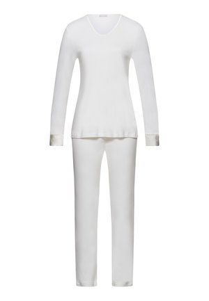 Hvid langærmet v-neck top parret med matchende bukser, der har en glat overflade og kontrasterende manchetter. Enkel, strømlinet design.