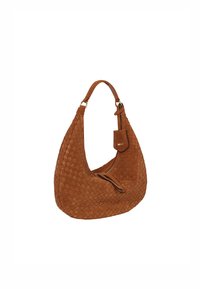 Braune gewebte Wildleder-Hobo-Tasche mit einem einzelnen Schultergurt, ausgestattet mit einem Reißverschluss und einem kleinen angehängten Etikett. Texturierte Oberfläche im gesamten Design.