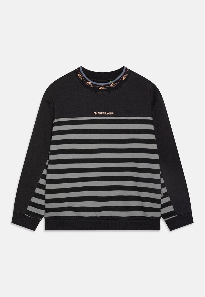 Felpa a righe nere e grigie con scollatura a costine, dotata di un logo in filo metallico e dettagli a contrasto sul colletto.