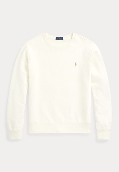Cremfarbener Sweatshirt aus weichem Stoff. Verfügt über einen Rundhalsausschnitt, lange Ärmel, gerippte Bündchen und ein kleines, goldfarbenes, gesticktes Logo auf der Brust.