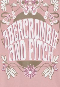 Graficzny tekst z napisem "ABERCROMBIE AND FITCH" w pogrubionych białych literach na różowym tle, otoczony kwiatowymi i motylkowymi wzorami w delikatniejszych odcieniach.