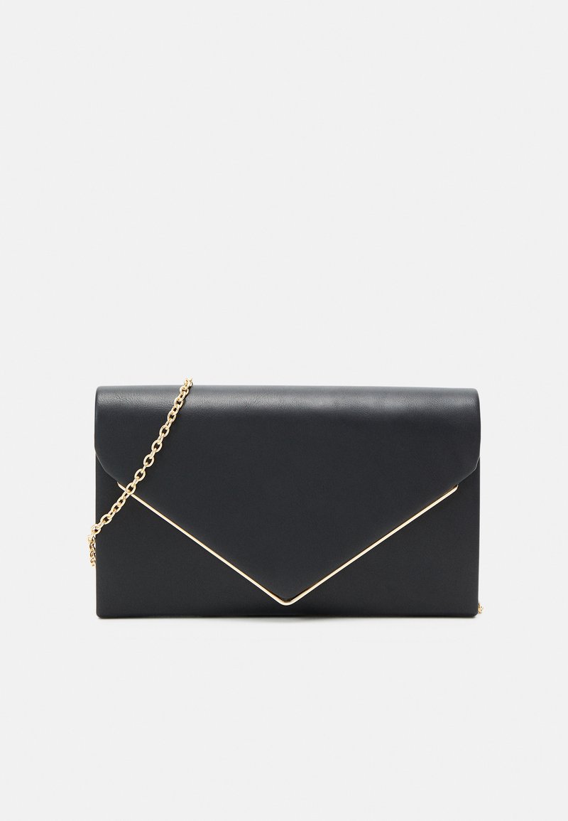 Black faux leather clutch with a gold chain strap. Features a structured envelope design with a diagonal gold accent along the closure.