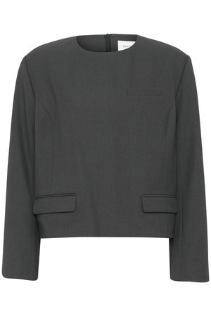 Giacca grigia corta in tessuto testurizzato. Presenta un collo rotondo, maniche lunghe, due tasche frontali e una chiusura con zip sul retro.