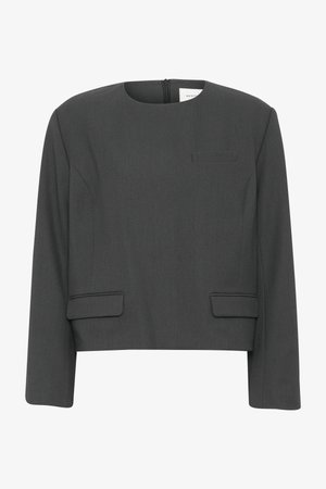 Sivá skrátená bunda z texturovanej látky. Má okrúhly výstrih, dlhé rukávy, dva predné vrecká a zips na chrbte.