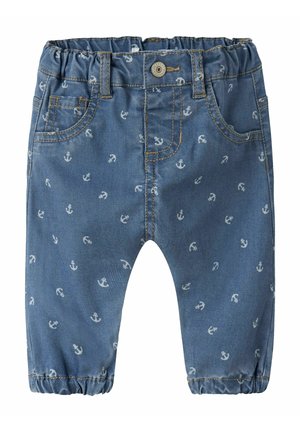 Pantalon en denim bleu pour tout-petit avec taille et poignets élastiques, décoré de petits motifs d'ancres blanches, avec des poches avant à fermeture par bouton.