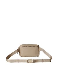 Borsa a vita rettangolare beige con tasca frontale con zip e cintura regolabile con fibbia a sgancio laterale.