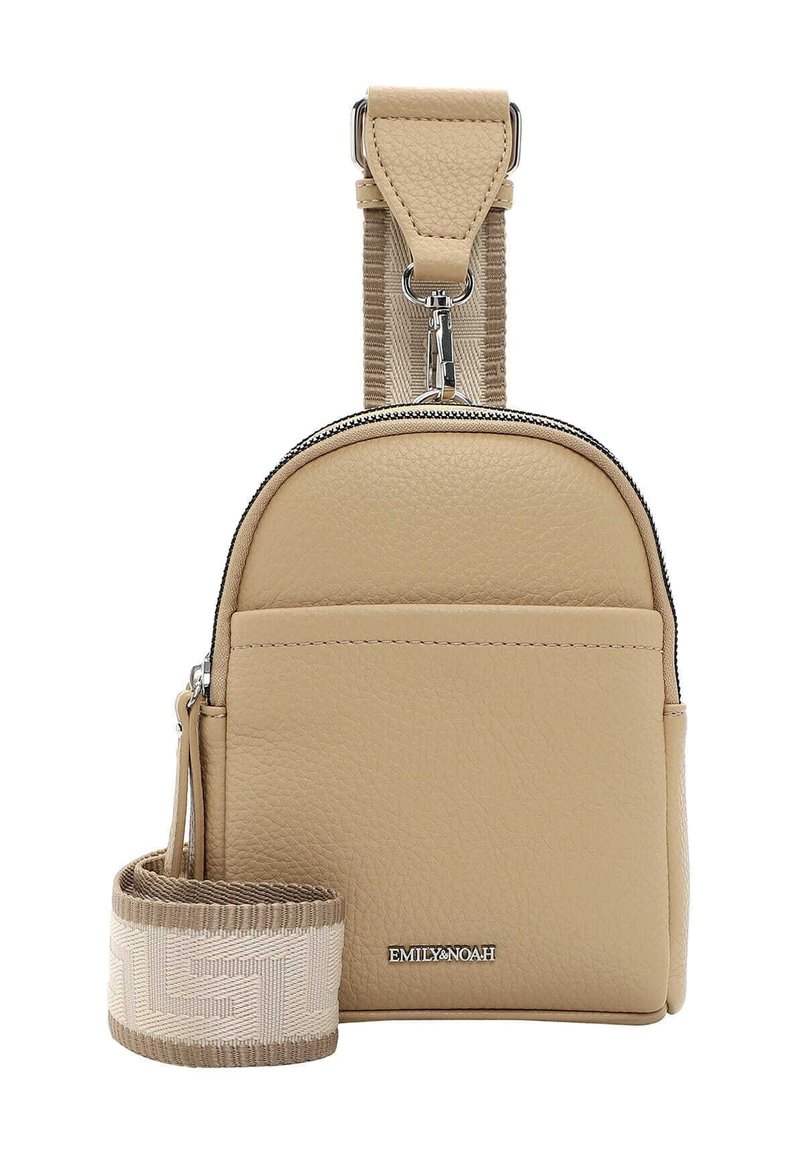 Beige leather crossbody bag with a rounded shape, zip closure, front pocket, and woven strap featuring a geometric pattern.