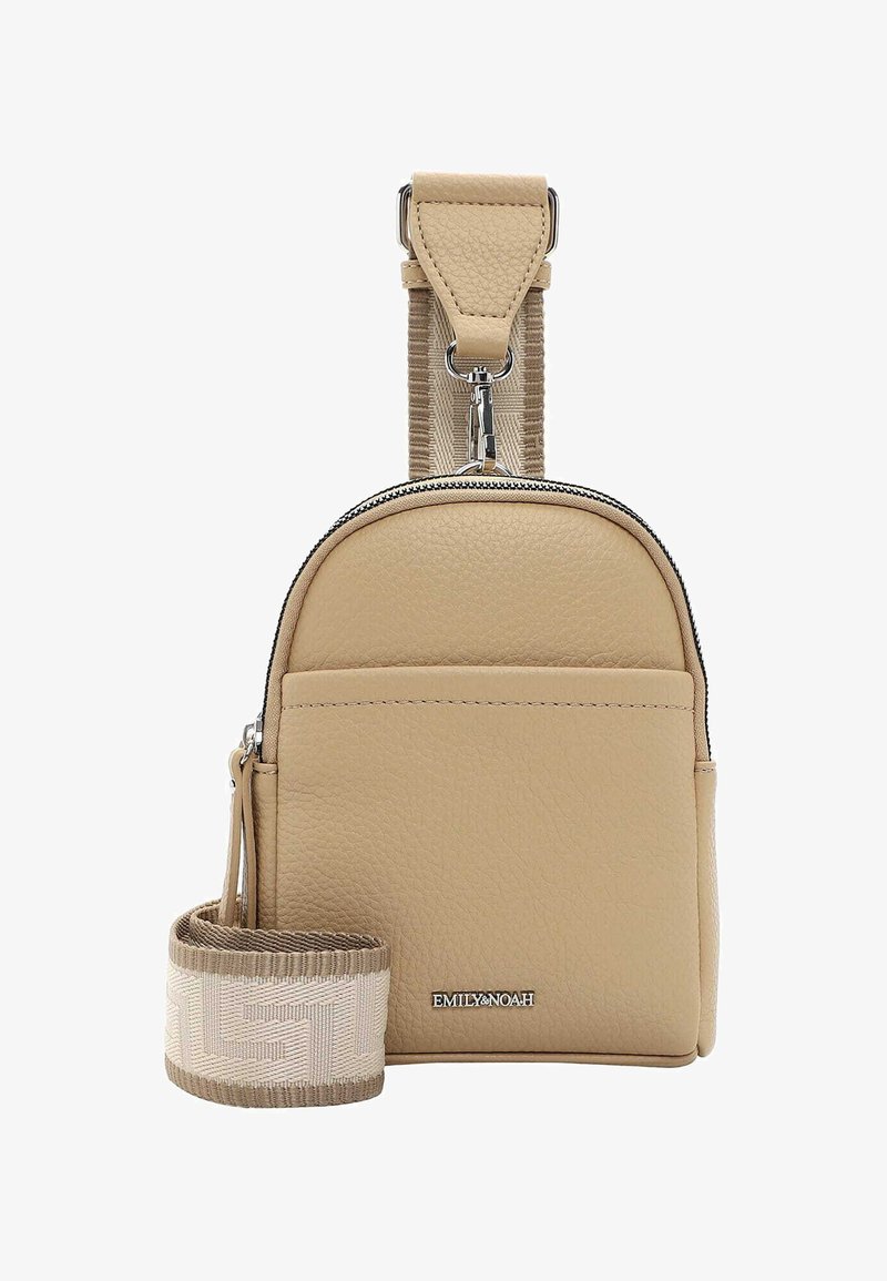 Beige leather crossbody bag with a rounded shape, zip closure, front pocket, and woven strap featuring a geometric pattern.