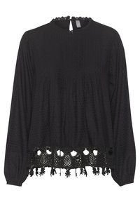 Melnā garo piedurkņu blūze ar strukturētu audumu, saplacinātu dizainu un mežģīņu apdari apkaklē un apakšmalā. Satur dekoratīvu izgriezumu rakstu apakšā.