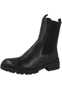 Botín negro de cuero hasta el tobillo con paneles laterales elásticos, punta redonda, parte superior texturizada y suela de goma gruesa con detalles antideslizantes.