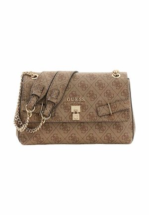 Sac à main marron à motifs avec ferrures dorées, bandoulière en chaîne et fermeture à boucle. Comprend un logo embossé et un tissu texturé. Forme rectangulaire compacte.