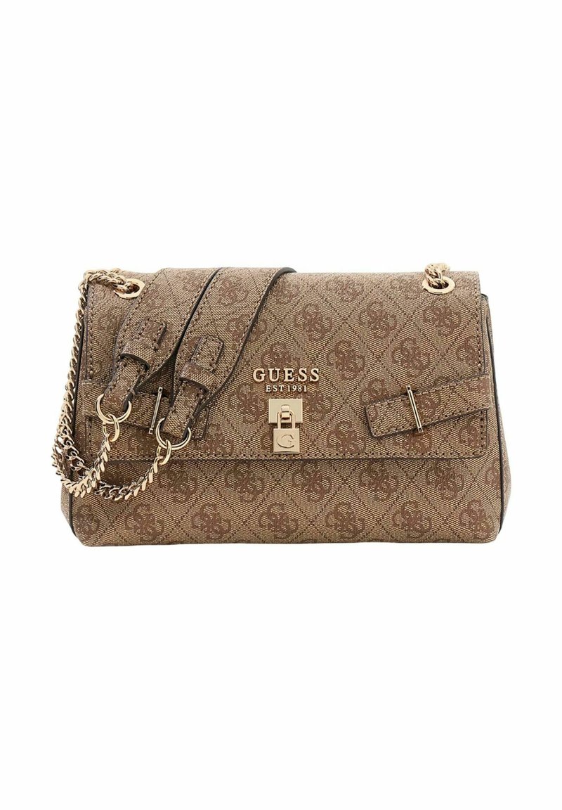 Sac à main marron à motifs avec ferrures dorées, bandoulière en chaîne et fermeture à boucle. Comprend un logo embossé et un tissu texturé. Forme rectangulaire compacte.