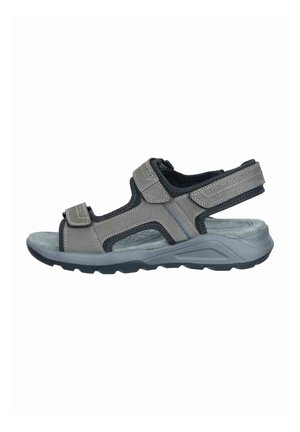 Men's grey open-toe comfortable sandal with adjustable straps and cushioned sole, designed for outdoor activities.